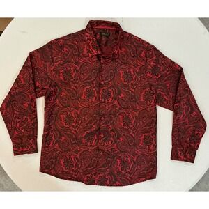 DiBanGu Paisley Dress Shirt‎ Mens L Red Black Silk Blend Jacquard Luxury Formal